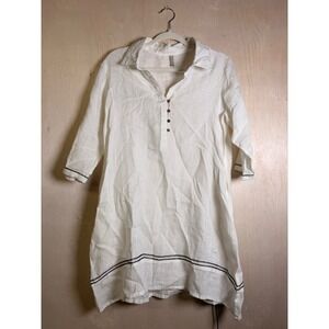 Embellish Tunic Top Womens Small White Excellent Linen Henley Contrast Stitching